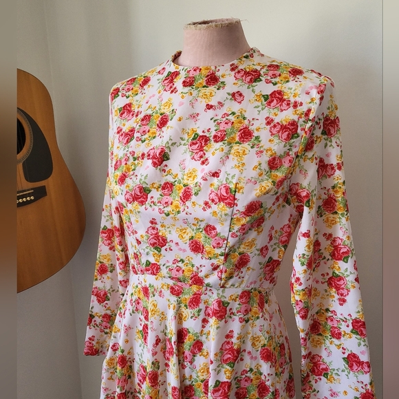 Vintage Cabbage Roses Floral Midi Dress Long Sleeves S/M No Tags - Picture 3 of 8